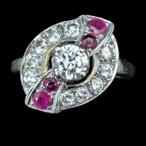 1950s Diamond Ruby 14k White Gold Ring Vintage Estate Jewelry Statement Gift