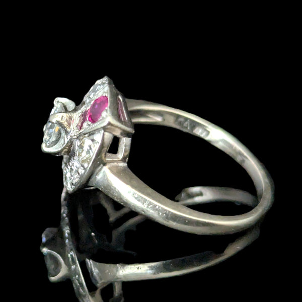 1950s Diamond Ruby 14k White Gold Ring Vintage Estate Jewelry Statement Gift