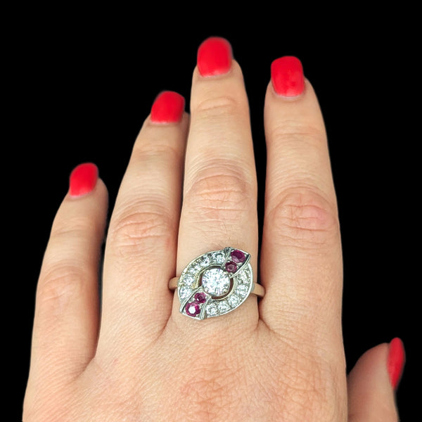 1950s Diamond Ruby 14k White Gold Ring Vintage Estate Jewelry Statement Gift