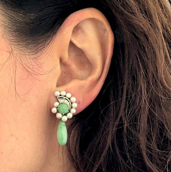 1950s Diamonds Jade Pearls 14k White Gold Earrings Drop Dangle Vintage Unpierced