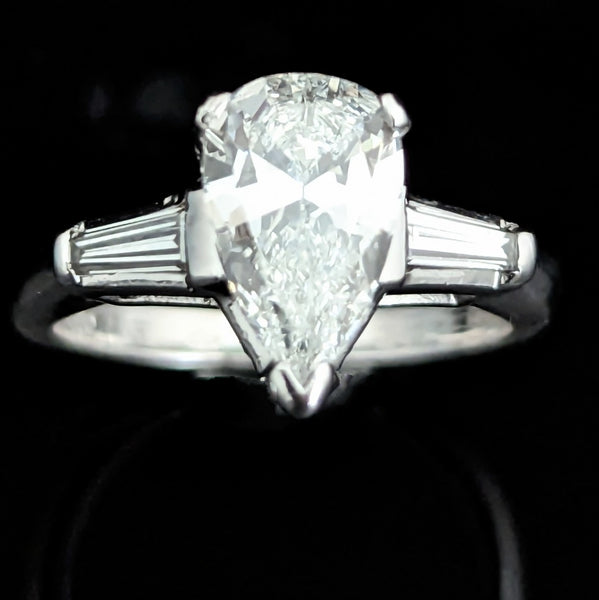 c.1960 GIA Diamonds Platinum Engagement Ring Pear Cut Baguette Vintage Bridal