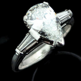 c.1960 GIA Diamonds Platinum Engagement Ring Pear Cut Baguette Vintage Bridal