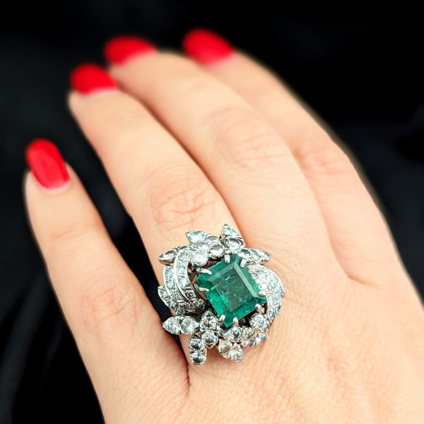 GIA Natural Emerald Diamonds White Gold Vintage Cocktail Ring Retro Mid Century 