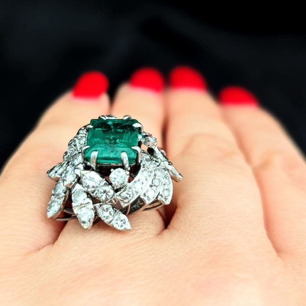 GIA Natural Emerald Diamonds White Gold Vintage Cocktail Ring Retro Mid Century 