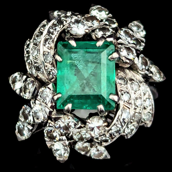 GIA Natural Emerald Diamonds White Gold Vintage Cocktail Ring Retro Mid Century 