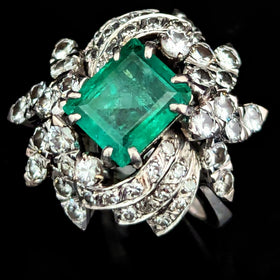GIA Natural Emerald Diamonds White Gold Vintage Cocktail Ring Retro Mid Century 