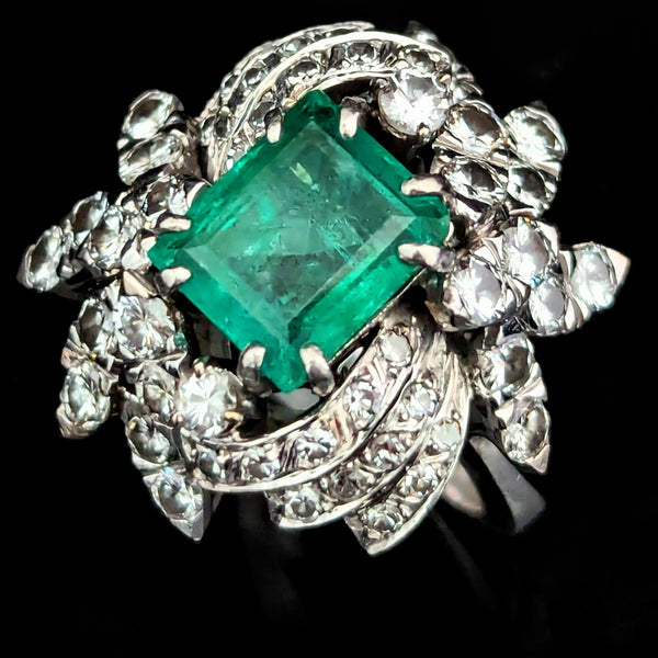 GIA Natural Emerald Diamonds White Gold Vintage Cocktail Ring Retro Mid Century 