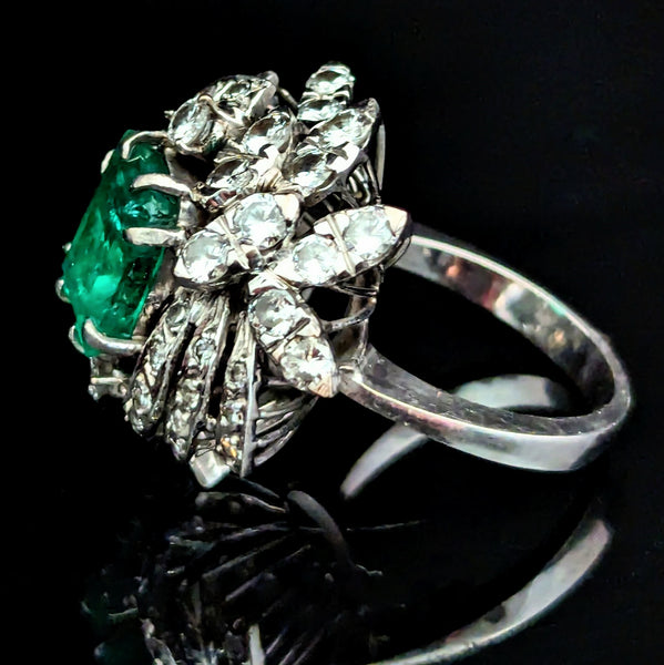 GIA Natural Emerald Diamonds White Gold Vintage Cocktail Ring Retro Mid Century 