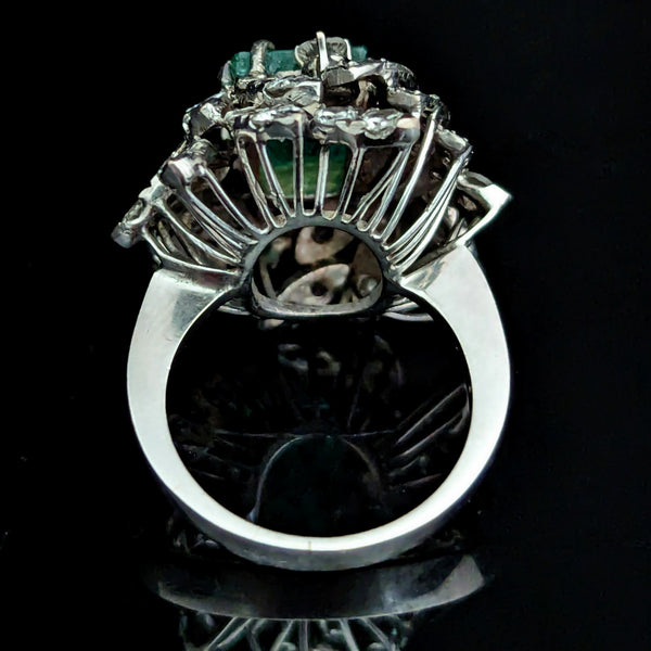 GIA Natural Emerald Diamonds White Gold Vintage Cocktail Ring Retro Mid Century 