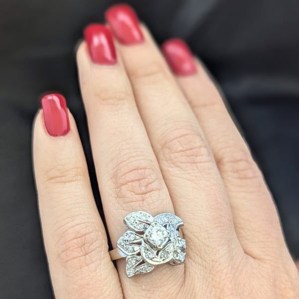 1950s Natural Diamonds 14k White Gold Statement Ring Retro Vintage Estate Jewelry