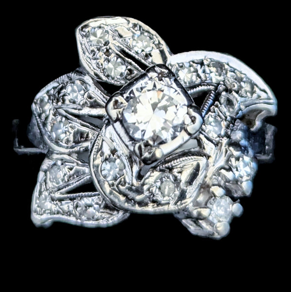 1950s Natural Diamonds 14k White Gold Statement Ring Retro Vintage Estate Jewelry