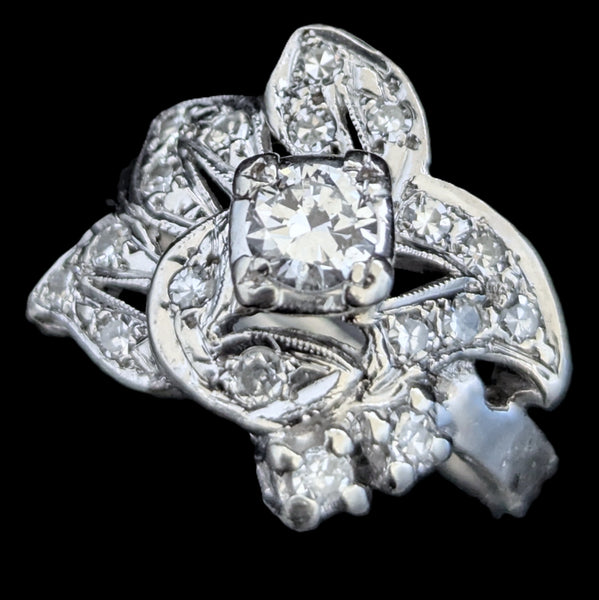 1950s Natural Diamonds 14k White Gold Statement Ring Retro Vintage Estate Jewelry