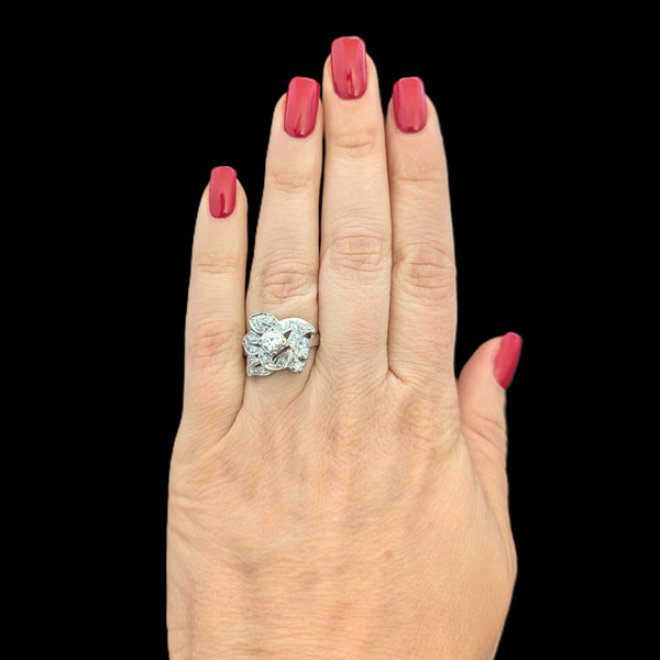 1950s Natural Diamonds 14k White Gold Statement Ring Retro Vintage Estate Jewelry