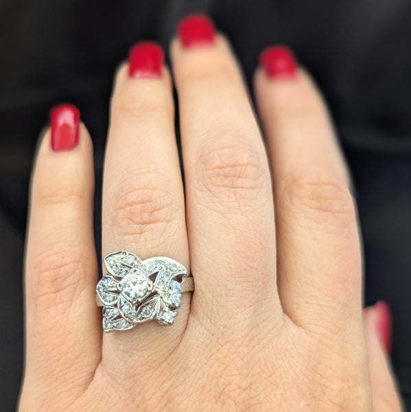 1950s Natural Diamonds 14k White Gold Statement Ring Retro Vintage Estate Jewelry