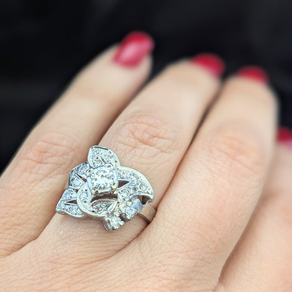 1950s Natural Diamonds 14k White Gold Statement Ring Retro Vintage Estate Jewelry