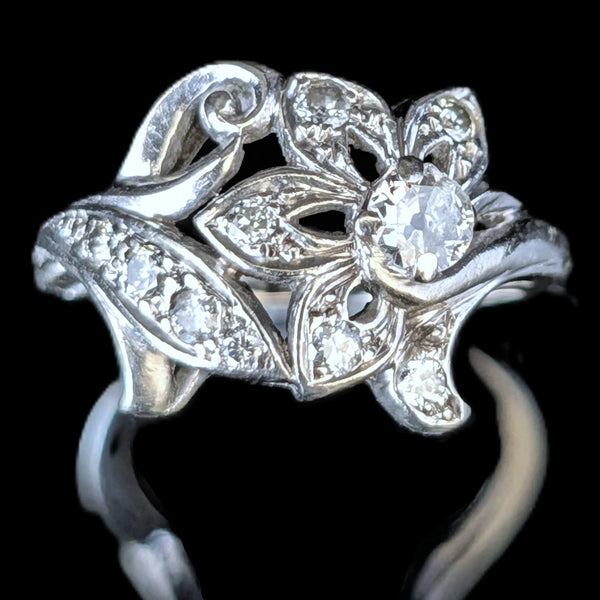 1950s Old Mine Cut Diamond 10k White Gold Cocktail Floral Ring Vintage Estate
