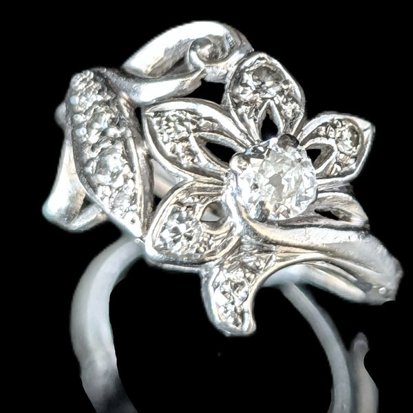 1950s Old Mine Cut Diamond 10k White Gold Cocktail Floral Ring Vintage Estate