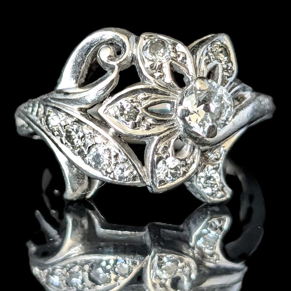 1950s Old Mine Cut Diamond 10k White Gold Cocktail Floral Ring Vintage Estate