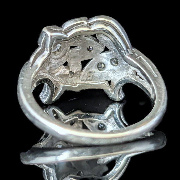 1950s Old Mine Cut Diamond 10k White Gold Cocktail Floral Ring Vintage Estate