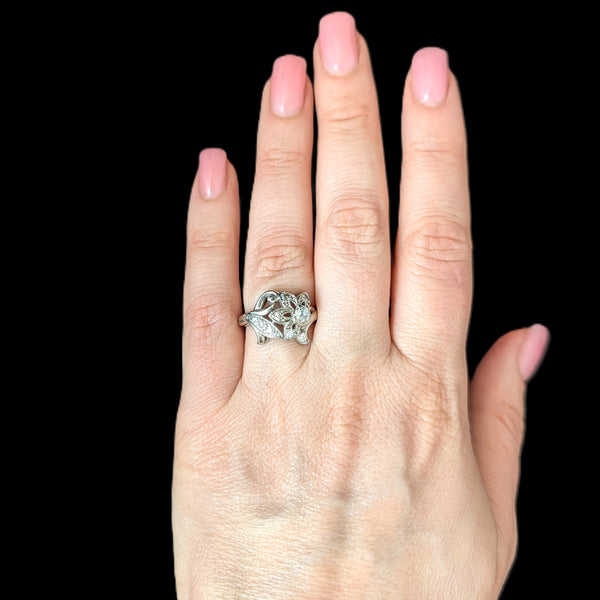 1950s Old Mine Cut Diamond 10k White Gold Cocktail Floral Ring Vintage Estate
