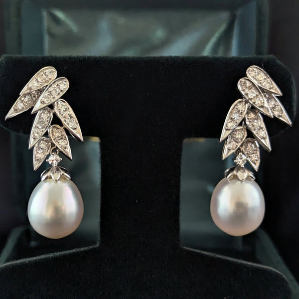 1950s Pearl Diamonds 14k White Gold Earrings Vintage Retro Non Pierced Screw