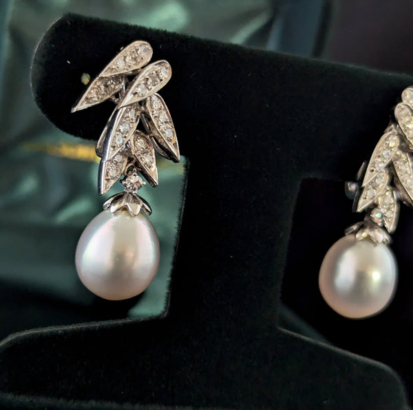 1950s Pearl Diamonds 14k White Gold Earrings Vintage Retro Non Pierced Screw