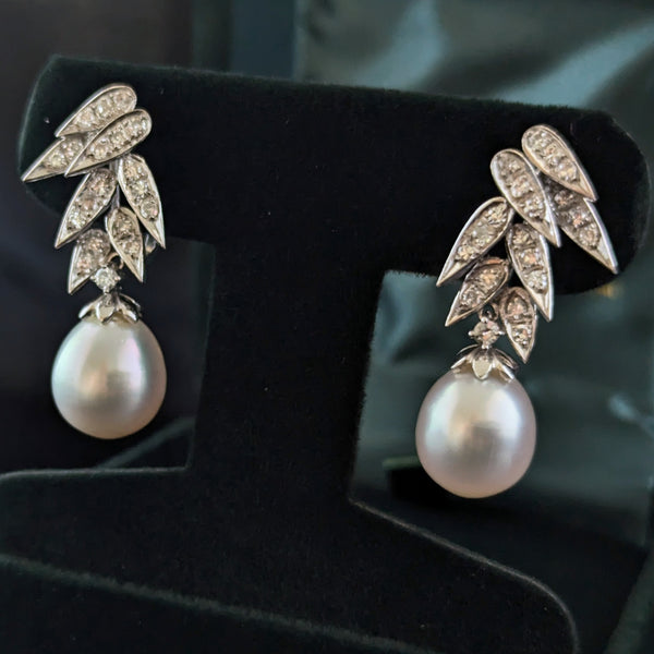 1950s Pearl Diamonds 14k White Gold Earrings Vintage Retro Non Pierced Screw