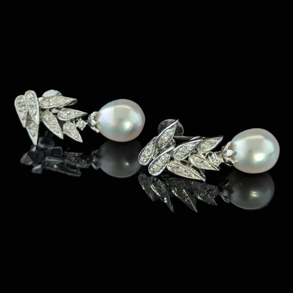 1950s Pearl Diamonds 14k White Gold Earrings Vintage Retro Non Pierced Screw