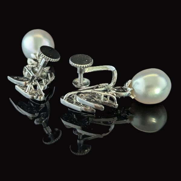 1950s Pearl Diamonds 14k White Gold Earrings Vintage Retro Non Pierced Screw