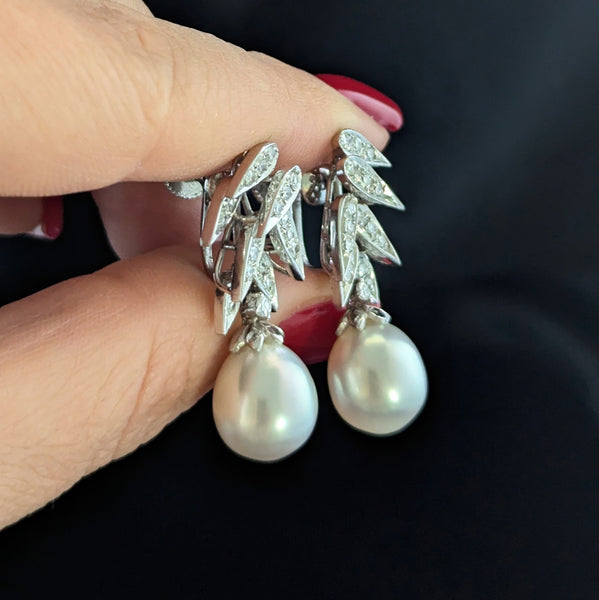 1950s Pearl Diamonds 14k White Gold Earrings Vintage Retro Non Pierced Screw