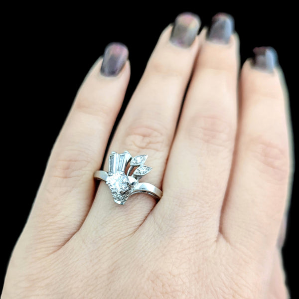 1940s Vintage Diamond 14k White Gold Ring Round Baguette Estate Statement Gift 