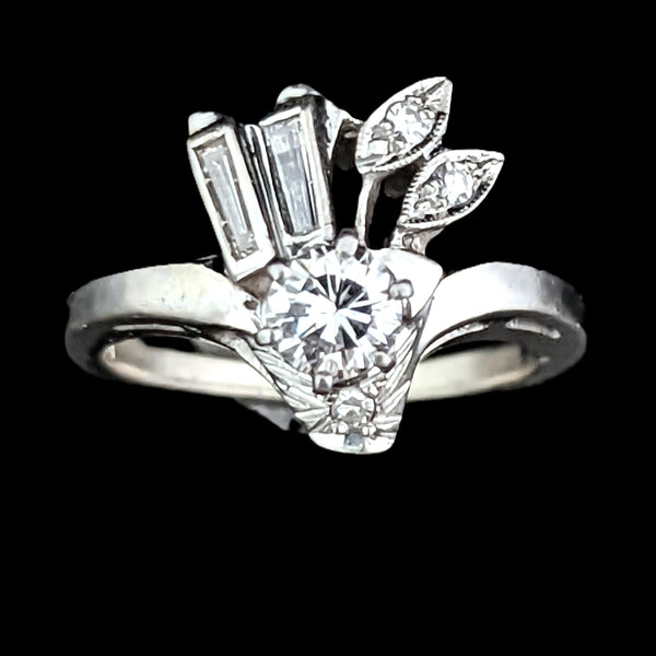1940s Vintage Diamond 14k White Gold Ring Round Baguette Estate Statement Gift 