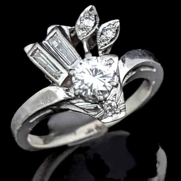 1940s Vintage Diamond 14k White Gold Ring Round Baguette Estate Statement Gift 