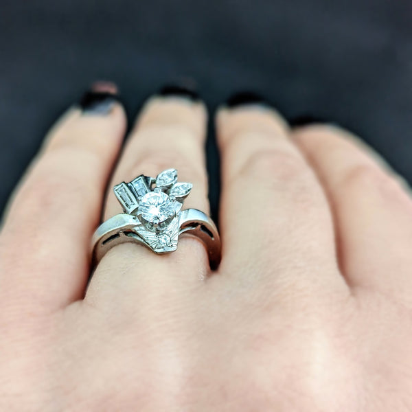 1940s Vintage Diamond 14k White Gold Ring Round Baguette Estate Statement Gift 