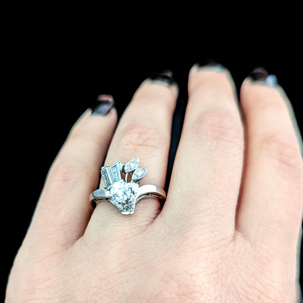 1940s Vintage Diamond 14k White Gold Ring Round Baguette Estate Statement Gift 