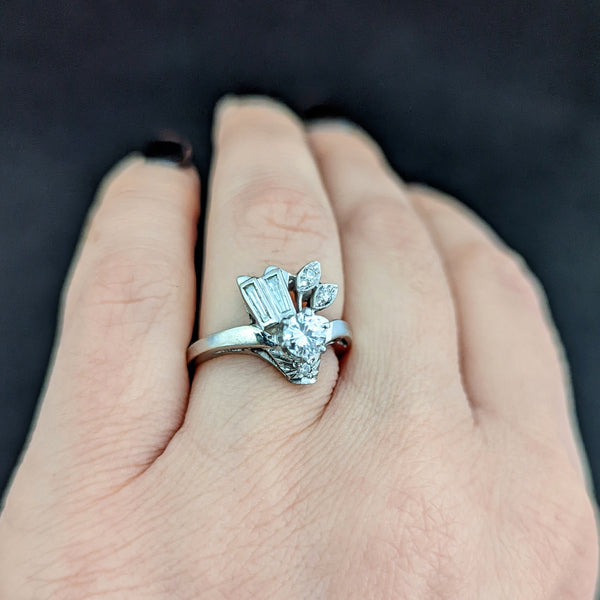 1940s Vintage Diamond 14k White Gold Ring Round Baguette Estate Statement Gift 