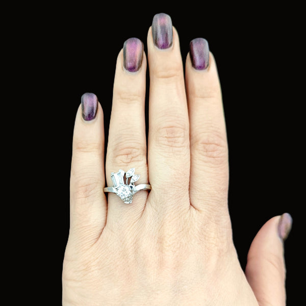 1940s Vintage Diamond 14k White Gold Ring Round Baguette Estate Statement Gift 