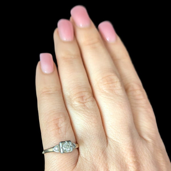 1950s Vintage Diamond 14k White Yellow Gold Ring Promise Engagement Mid Century