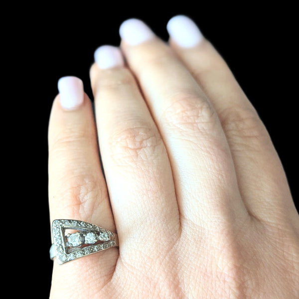 1950s Vintage Diamonds 14k White Gold Belt Buckle Ring Statement Retro Estate