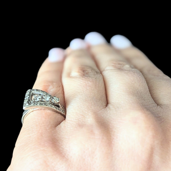1950s Vintage Diamonds 14k White Gold Belt Buckle Ring Statement Retro Estate