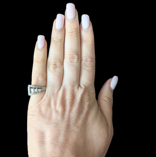 1950s Vintage Diamonds 14k White Gold Belt Buckle Ring Statement Retro Estate