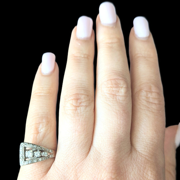 1950s Vintage Diamonds 14k White Gold Belt Buckle Ring Statement Retro Estate