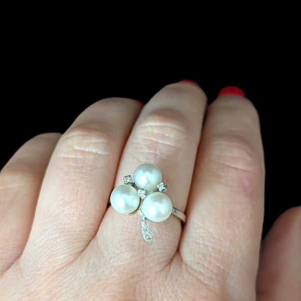1950s Vintage Diamonds Pearls 14k White Gold Cocktail Ring Retro Estate Gift