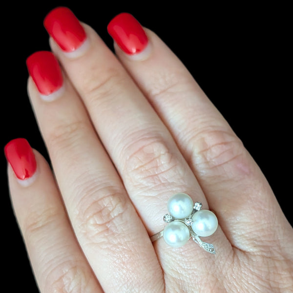 1950s Vintage Diamonds Pearls 14k White Gold Cocktail Ring Retro Estate Gift