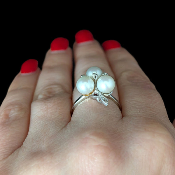 1950s Vintage Diamonds Pearls 14k White Gold Cocktail Ring Retro Estate Gift