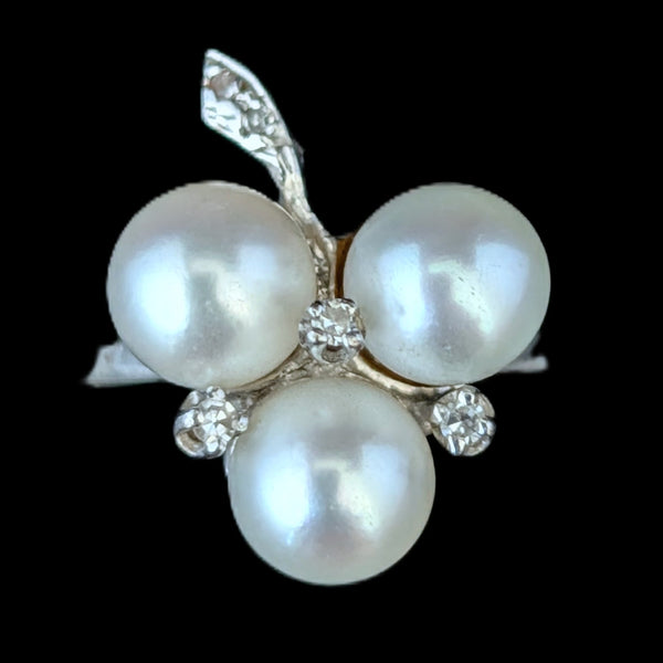 1950s Vintage Diamonds Pearls 14k White Gold Cocktail Ring Retro Estate Gift