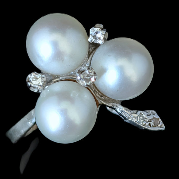 1950s Vintage Diamonds Pearls 14k White Gold Cocktail Ring Retro Estate Gift