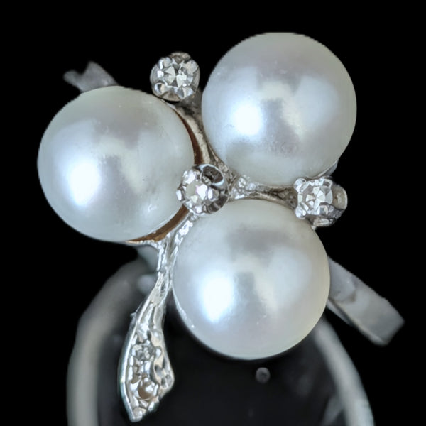 1950s Vintage Diamonds Pearls 14k White Gold Cocktail Ring Retro Estate Gift