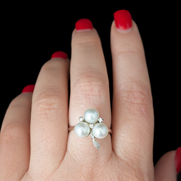 1950s Vintage Diamonds Pearls 14k White Gold Cocktail Ring Retro Estate Gift