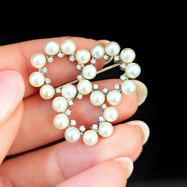 1950s Vintage Diamonds Pearls 18k White Gold Brooch Pin Estate Rings Italy Gift